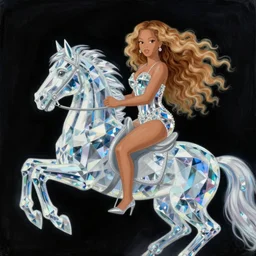 beautiful painting from the anime film by studio ghibli, Beyoncé in a crystal outfit riding a diamond horse, painting by MC Escher, trending on artstation