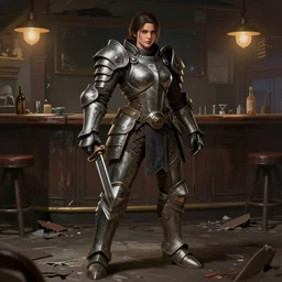 hyper detailed ultra sharp full body matte character portrait of a woman wearing bulky armor standing in a destroyed dive bar doing an action pose, realistically proportioned face, cinematic lighting, good value control, smooth, realistic shading, realistic face details, smooth, highly detailed, digital painting, painted texture maps, illustration, substance painter