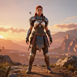 a full body gladiator photo of aloy from horizon new dawn, high definition, sunset