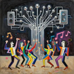 minimalistic, brutalist, dust evolving into chrome neural networks. picasso, party, neon, colorful, party happy dancing characters, music, stunning, award, artstation, winning masterpiece by marc simonetti, by moebius and basquiat, oil on canvas
