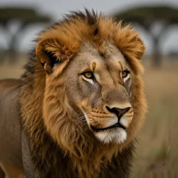a closeup, 4 5 mm, detailed photograph of real lion head dwarf in savana, beautiful low light, savana background, 4 5 mm, by franz lanting