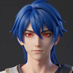 3D render of an anime man with blue hair,red eyes,octane render,ray tracing,super detailed,hyperdetailed,detailed face,professional model,professional lighting,3 point lighting,soft shadows,photorealistic,4k