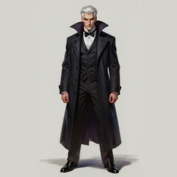 A beautiful full body painting of a smug male vampire by kuvshinov Ilya, handsome face, dark coat, white hair, yellow eyes, , trending on artstation, pixiv, 4k, HDR, unreal engine
