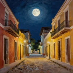 painting of yucatan city street at night with full moon
