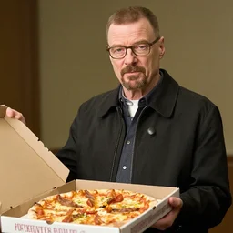 bryan cranston as walter white holding a pizza