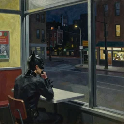 matt reeves's batman and riddler in a downtown diner late at night as viewed through the diner's large glass window, the light coming from the diner illuminates a darkened and deserted urban streetscape, exactly based on the nighthawks painting by edward hopper, oil on canvas painting, 1 9 4 2, american realism, highly detailed.