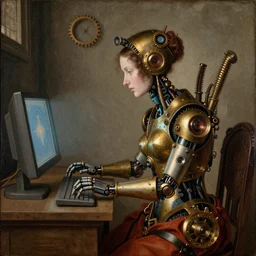 Renaissance painting with steampunk elements of a female robot using a computer