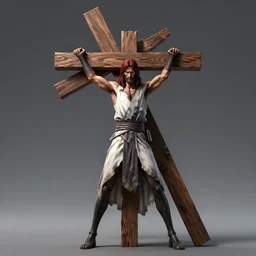 octane render, Jesus posing with a giant wooden cross as weapon, in the style of Berserk by Kentaro Miura