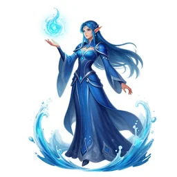 elf female sorcerer doing water magic spells, blue robes, exquisite details, full body character design on a white background, by studio muti