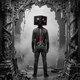 back view of man standing inside ornate ancient rotting template, haze, vines, exposed spinal column, black biomechanical cube helmet, grain, iris van herpen, jean delville, james jean, ornate, black and white, red light