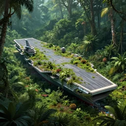 aircraft carrier overgrown with vegetation laying on the ground of a tropical forest, post appocalyptic illustration by Luis Royo, by Greg Rutkowski, dark, gritty, intricate, cover illustration, concept art, volumetric lighting, volumetric atmosphere, sharp focus, octane render, trending on artstation, 8k