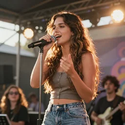 color video footage of a woman singing on the stage at summer music festival, long shot, sun lighting, normal tone,