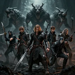 A Group of monster hunters hunting for monsters by Greg Rutkowski, Sung Choi, Mitchell Mohrhauser, Maciej Kuciara, Johnson Ting, Maxim Verehin, Peter Konig, Bloodborne, 8k photorealistic, cinematic lighting, HD, high details, dramatic, dark atmosphere, trending on artstation