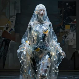 stunning, breathtaking, awe - inspiring award - winning biomorphic anthropomorpic transparent gelatinous female humanoid wearing a burqa abstract expressionist splatter painting, extremely moody lighting