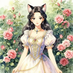 central asian woman with cat ears, wearing a lovely dress in a rose garden. this watercolor painting by the award - winning mangaka has impeccable lighting, an interesting color scheme and intricate details.