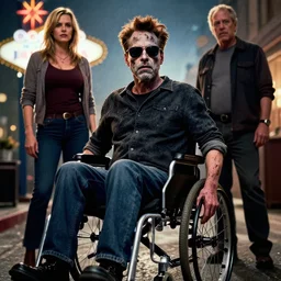 movie poster for weekend at bernie's 3, robert downey jr in a wheelchair with dark sunglasses, grey facial flesh, cinematic lighting, zombie rigor mortis inanimate corpse in a wheelchair, movie poster for robert downey starring in weekend at bernie's, bernie goes to vegas with cameron diaz and steve buscemi