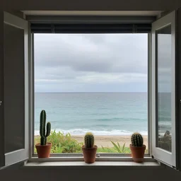 view from inside a house on window with on it's border small cactus in pots and the ocean in background. shutter half down. cloudy day. by artgerm, wlop, loish, ilya kuvshinov, tony sandoval.