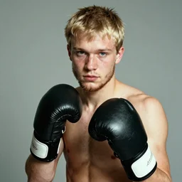 hyper - realistic kodachrome medium shot portrait of an attractive ethereal 2 8 year - old male, of russian descent with pale skin, blonde hair and green eyes. medium size nose. a short beard with philtrum. he is very muscled man. he is a boxer. in the style of steve mccurry.