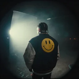 a photo of asap rocky wearing a jacket with a smiley face stitched onto the back, camcorder effect, ektachrome, wide angle, lens distortion, double - exposure, rephotography, light, dark, 3 d, spotlight, amoled, moody lighting, fog, cgi