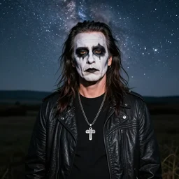 mark e smith in juggalo makeup, gorgeous landscape background with the milky way in the sky