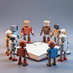 group of toy robots gathering around a book, realistic, hd, 8 k, digital rendering, unreal engine, blender, octane, maya