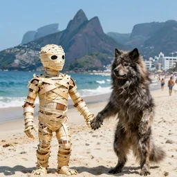 a mummy and a werewold holding hands on ipanema beach by monet