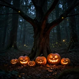 Scary dark forest, glowing pumpkins under a tree, forest fireflies glow on tree branches, trending on artstation, 30mm, by Noah Bradley