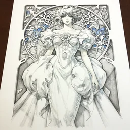 a low angle copic maker art nouveau portrait of anime girl detailed features wearing a puffy futuristic wedding dress designed by balenciaga by john berkey, norman rockwell akihiko yoshida