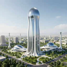 eco futuristic new city tashkent, dome tower, mosques, high details, green city, zaha hadid style, realistic,