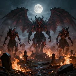 a photograph of demon statues demon statues in an overgrown burning graveyard, scary creatures, cosmic horror, morbid art, sharp focus, cinematic, high angel distant shot, moonlight, hyper detailed, 4 k, octane render, deviantart, unreal engine