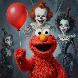 grunge painting of elmo with a wide smile and a red balloon by Zdzisław Beksiński, loony toons style, pennywise style, corpse bride style, creepy lighting, horror theme, detailed, elegant, intricate, conceptual, volumetric light