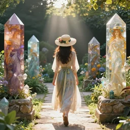 woman walking down a stone path in a garden, brilliant god rays, diaphanous skirts, ribbons, sunhat with flowers, vibrant, crystal monoliths, hearthstone, by artgerm, by greg rutkowski, by alphonse mucha, by bouguereau, by ruan jia, by and conrad roset,