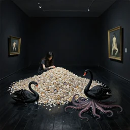 painting of a flooded art gallery room at an art gallery, zen, black walls, japan black wooden floorboards, a tall emo woman counting a massive pile of shells in a dark room, a black swan, sensual, octopus tentacles coming from puddles, surrealist, by magritte and monet