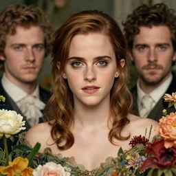 portrait of emma watson, surrounded by flowers by karol bak, james jean, tom bagshaw, rococo, sharp focus, trending on artstation, cinematic lighting, hyper realism, octane render, 8 k, hyper detailed.