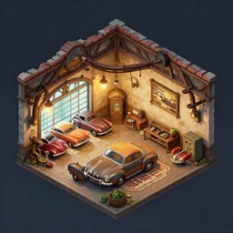 isometric building interior, classic car garage, fantasy