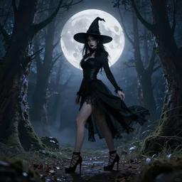 witch standing pose in an enchanted forest wearing high heels under a full moon, gothic art style