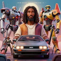 stylish 3 d vfx - portrait - movie poster - art of an african jesus in a delorean surrounded by mecha robots, art style by james jean & hsiao - ron cheng, unreal engine render, digital illustration, sharp, intricate detail, volumetric lighting, ray tracing, soft light, colourful, claymation style, philippe bouchet style, symmetry, ernie barnes style, acrylic