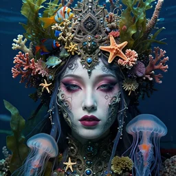 hyperrealistic detailed underwater face portrait of the beautiful god of the jellyfish with an intricate headgear of corals, sea kelp, sea plants, fish, starfish, jellyfish, art by ernst haeckel, victor ngai, john william godward, gothic, neo - gothic, ornamental, beautiful deep colours,
