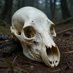 dark rainy forest in the desert highly detailed skull of a lion with cracks cavities and web