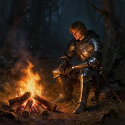 a digital painting of a knight, sitting by a campfire, concept art, realistic, night time, dark forest, dark souls bonfire, in the style of greg rutkowski