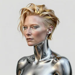 a realistic octane render of tilda swinton, physically based rendering of chrome plated tilda swinton, trending on artstation, by archan nair and marlene dumas, intricate details, gilded, in the style of frank auerbach