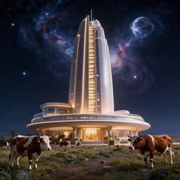 incredible, mindblowing beautiful celestial view from interstellar hotel, with cows, matte painting, artstation, cgsociety, dramatic lighting, concept art, octane render, arnold 3 d render