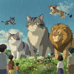 giant cats and lions are falling from the sky like rain, bystanders watching from the sides, 4 k, by miyazaki, monokubo, artstation,