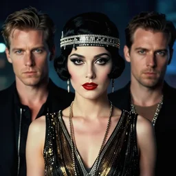 in the style of joshua middleton, clay mann, artgerm, elektra marvel comics 1 9 2 0 s flapper, symmetrical eyes, night time, cinematic lighting
