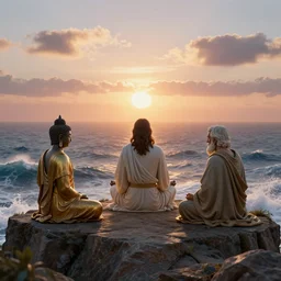 a stunning 3 d render of jesus of nazareth meditating on a cliff with buddah and socrates, facing away from the camera watching the sunrise over the ocean, turbulent ocean in the background, sunrise, intricate, elegant, highly detailed, artstation, ultra sharp focus, octane render, volumetric lighting, art by greg rutkowski and rembrandt