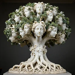 a stunning hyperdetailed tree made of beautiful female faces with intricate roots of white marble sculpted by canova