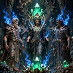 darker shades of forgotten misery and despair by michael whelan and roger dean and brom and hubert robert and greg staples and donato giancola, beautiful, mythical, scaled robes, highly detailed, hyperrealistic, intricate, energy, electricity, blue flame, low light, green crystal, high contrast, lifelike