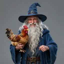 concept art character design portrait of skinny and old wizard with a goofy smile with a very long white beard and a wizard hat holding a pet chicken, wearing a blue robe, dungeons and dragons, by Larry Elmore and John Howe and Alan Lee, trending on ArtStation, detailed, realistic