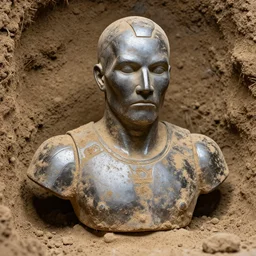 an extremely ancient ironman bust that is tarnished and covered in sediment from uncovered earth expedition, rare photograph, smithsonian,