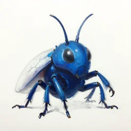 rough painting of a blue insectile monster in acrylic paint, broad brush strokes, phantasy star online, white background, pencil sketch lines